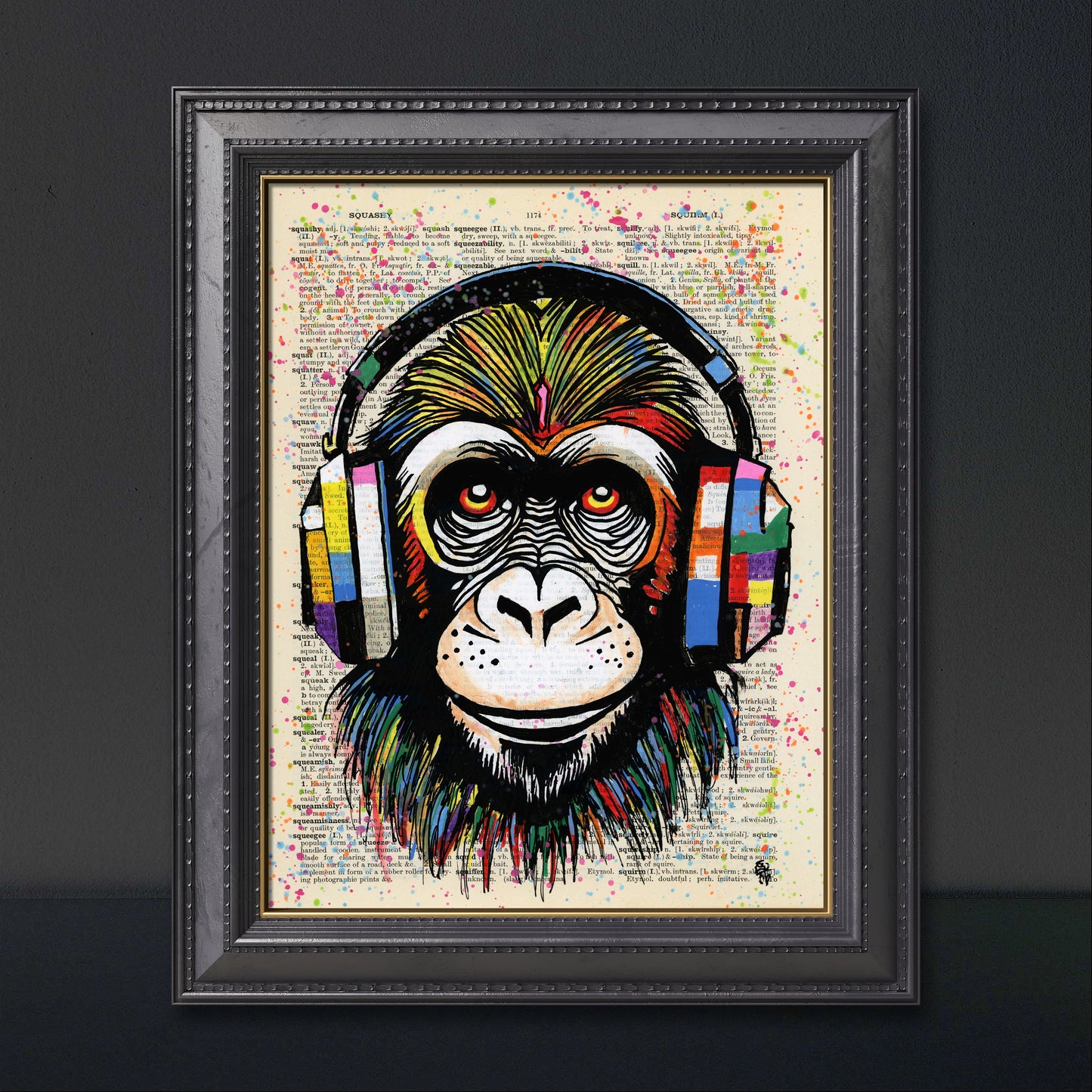 Bright neon colors highlight a chimpanzee with headphones in the "Monkey Business" painting on upcycled dictionary paper.