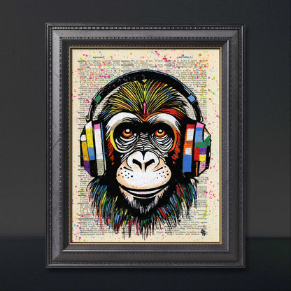 Bright neon colors highlight a chimpanzee with headphones in the "Monkey Business" painting on upcycled dictionary paper.