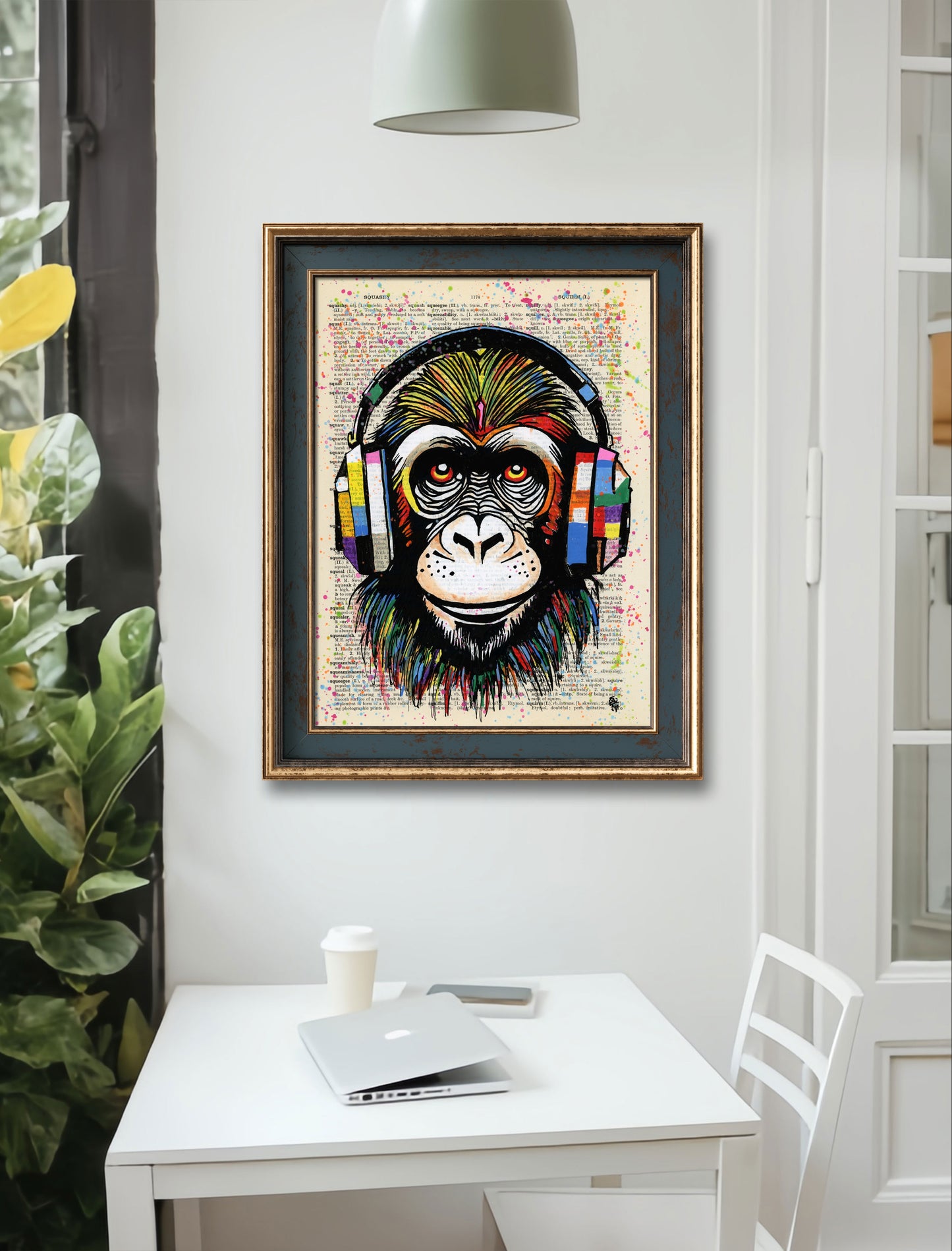 Acrylic and marker painting "Monkey Business" shows a chimpanzee with headphones in pop art style on an upcycled dictionary page.