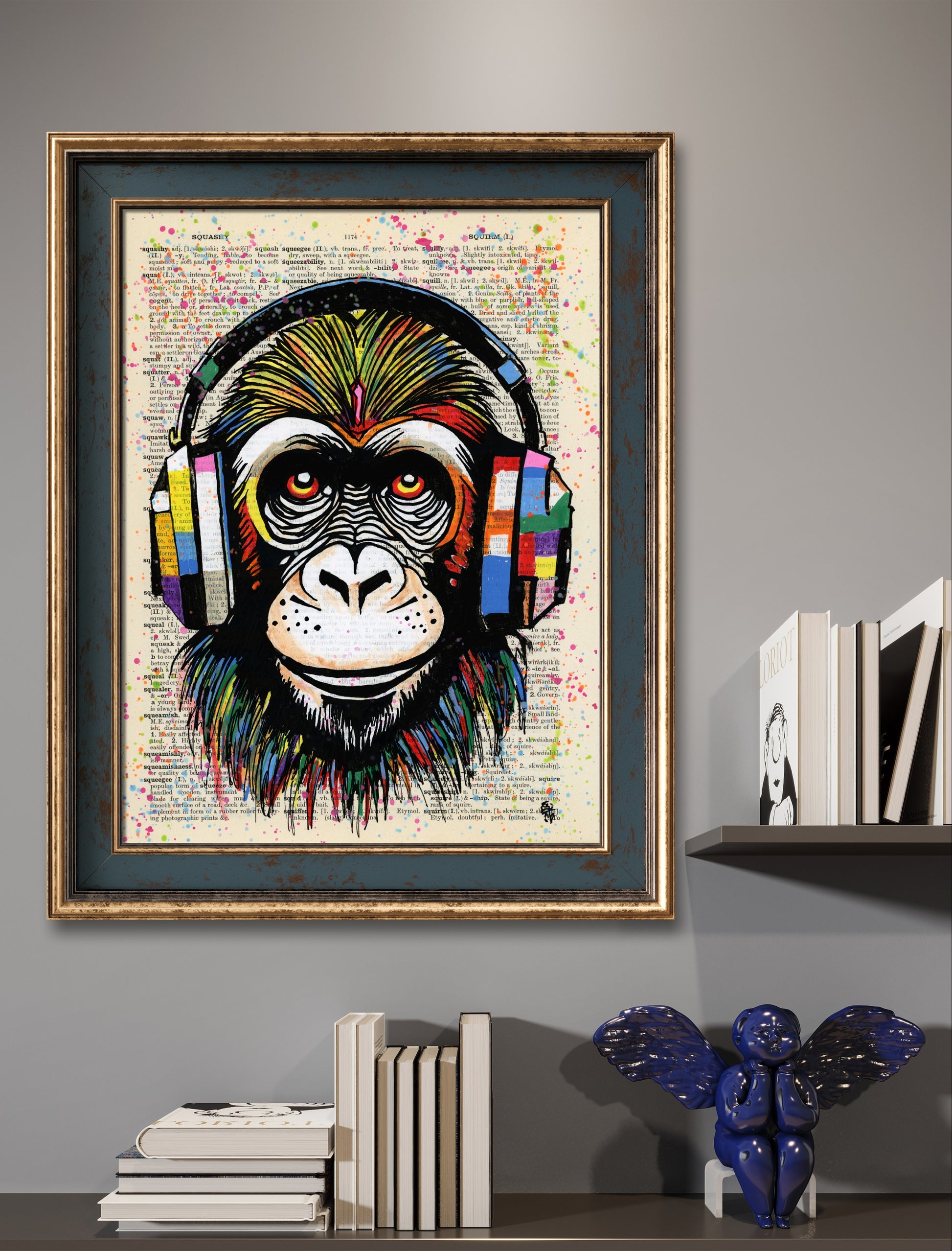 "Monkey Business" features a chimpanzee with big headphones in pop art style on a repurposed dictionary page.