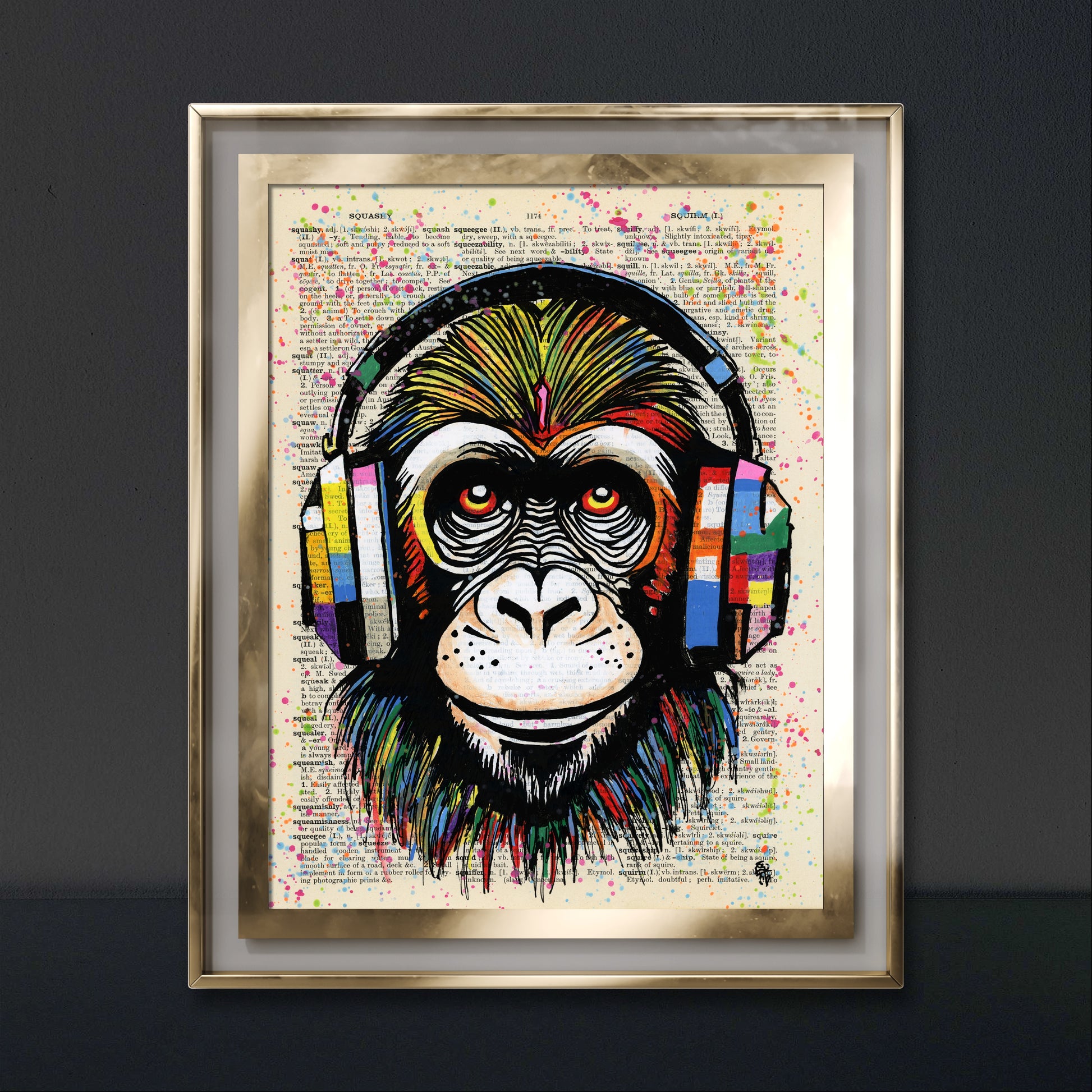 Neon-colored chimpanzee with headphones on vintage dictionary paper in the "Monkey Business" artwork.