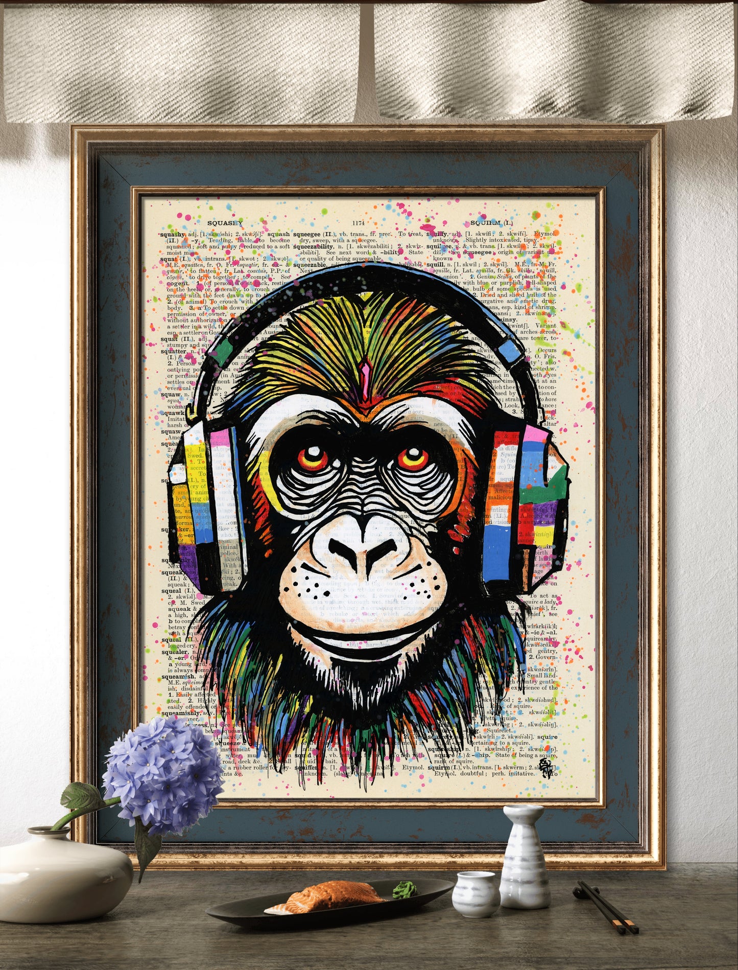 "Monkey Business" pop art painting of a chimpanzee with neon headphones on an original vintage dictionary page.