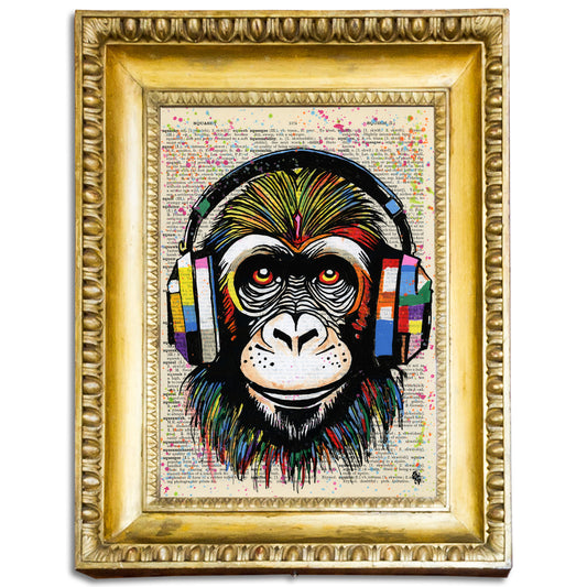 "Monkey Business" artwork of a chimpanzee with large headphones in pop art style on an upcycled dictionary page.