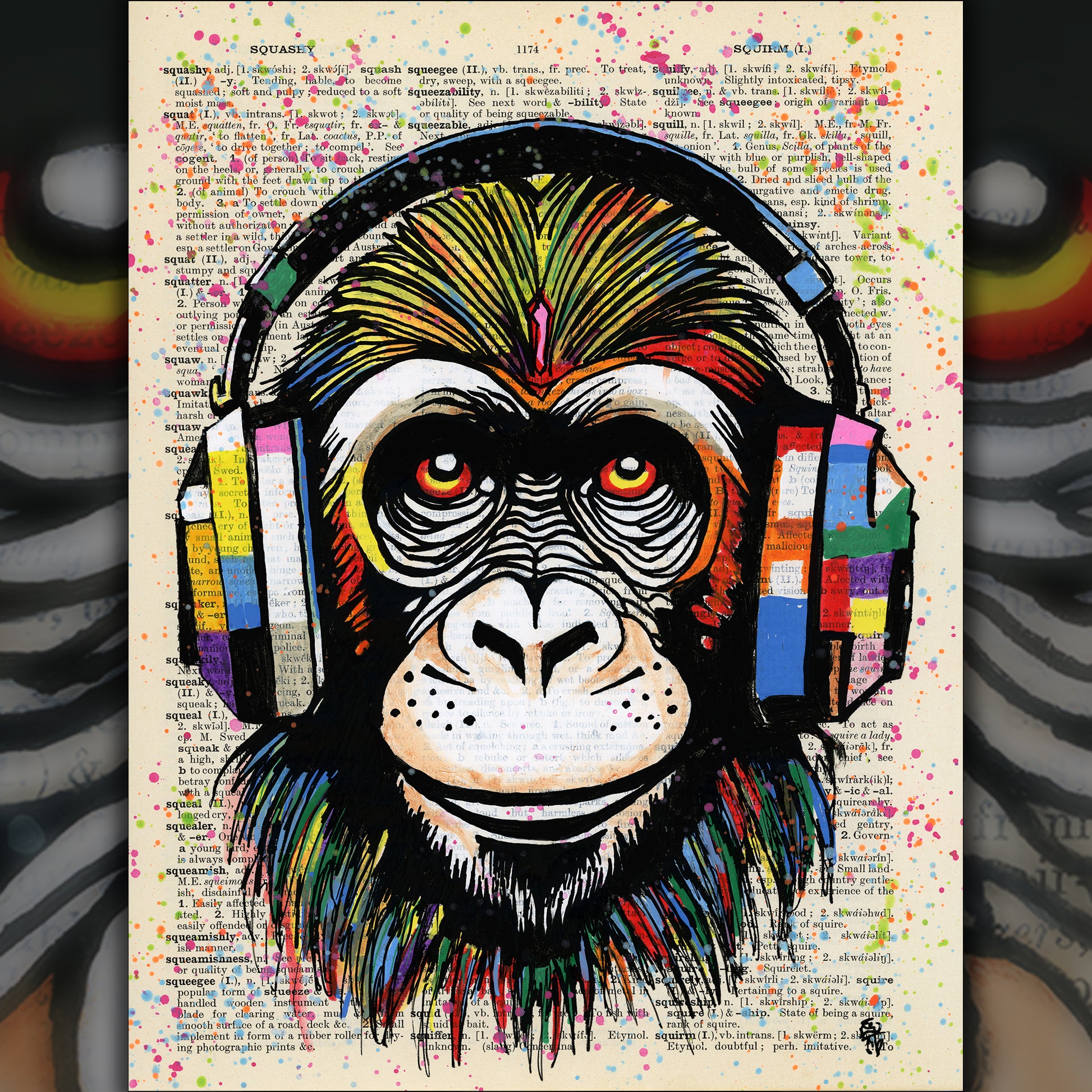 Pop art chimpanzee with neon headphones on vintage dictionary paper in "Monkey Business" artwork.