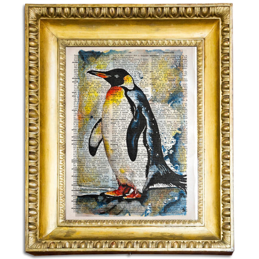 "The Penguin" is a digital artwork created from my painting on an upcycled vintage English dictionary page.