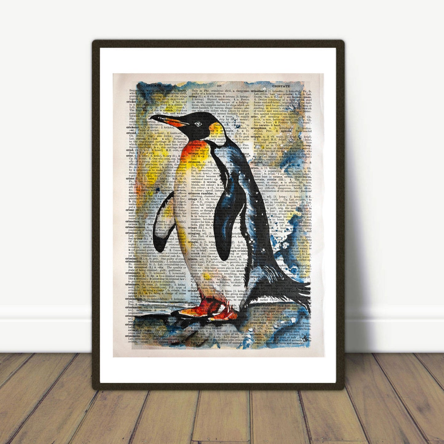 Digital art of "The Penguin," created from a painting on a repurposed vintage English dictionary page.