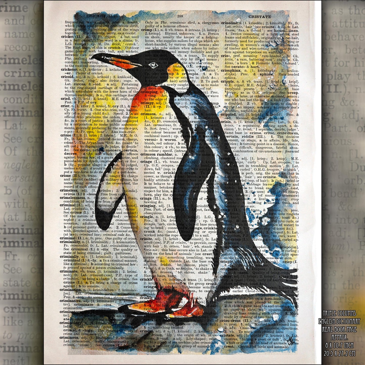 "The Penguin" features a digital art piece crafted on an upcycled vintage English dictionary page.
