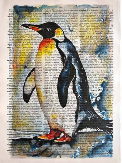 "The Penguin" showcases digital art on an upcycled vintage English dictionary page, from my original painting.