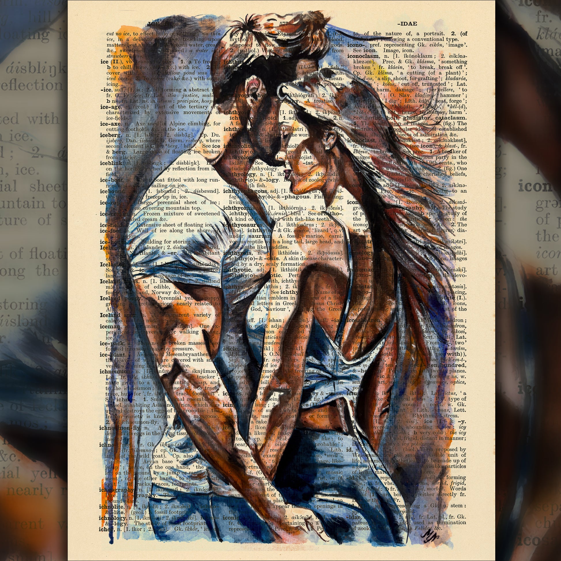 "Dirty Dancing" digital art showing a couple in motion, blending vibrant shades of blue and orange on an upcycled vintage dictionary page.