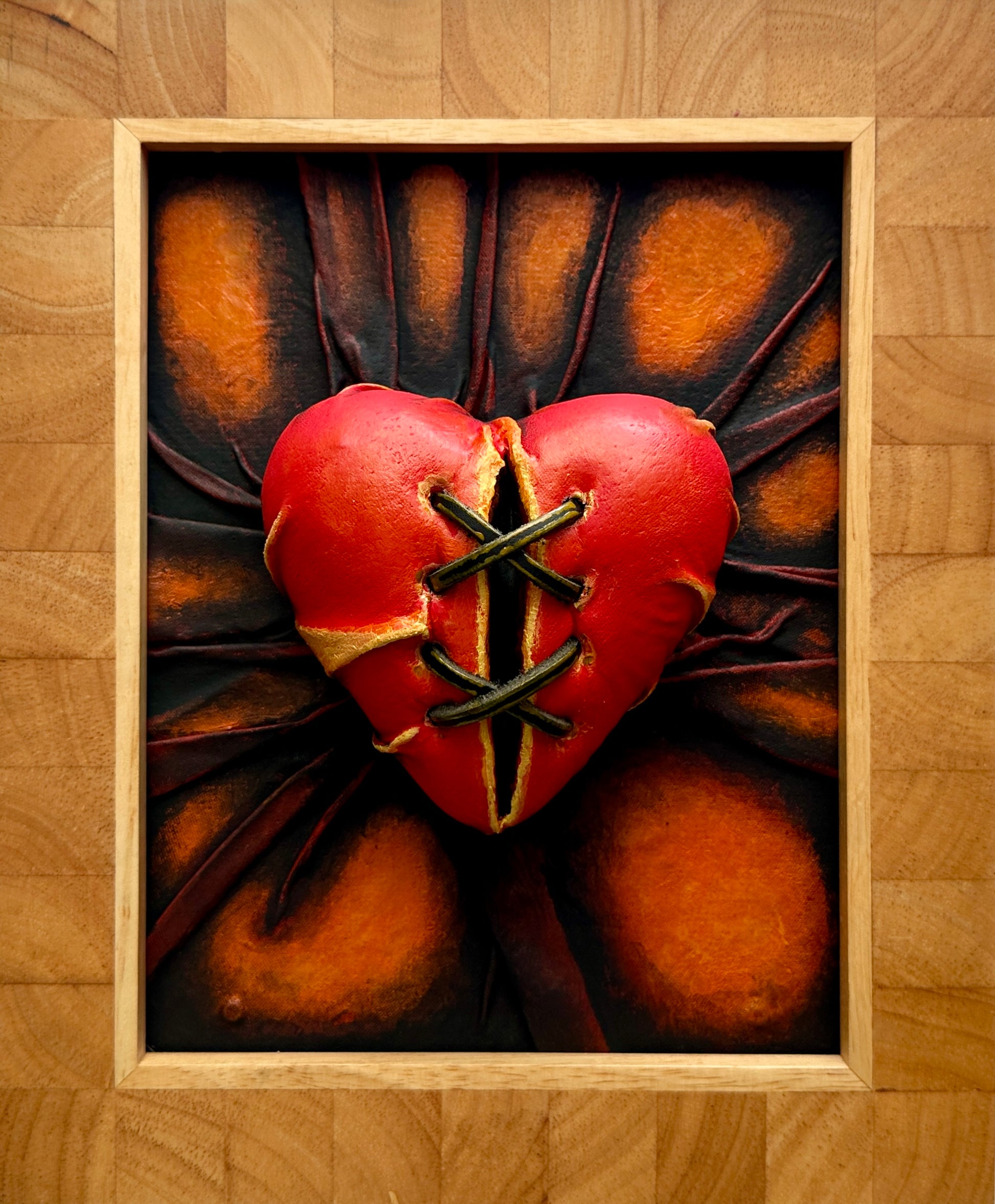 Contemporary Broken Lovers Heart leather sculpture for modern decor.