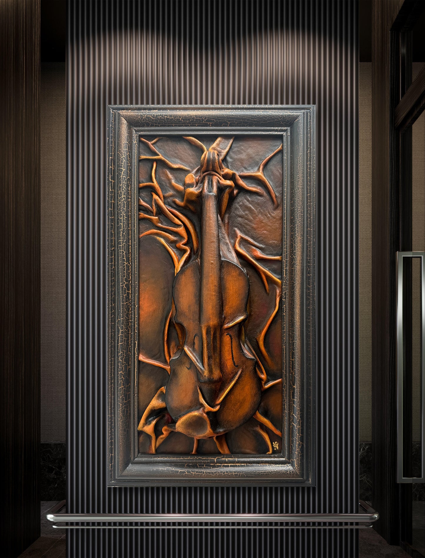 Handcrafted leather art with sepia and gold tones