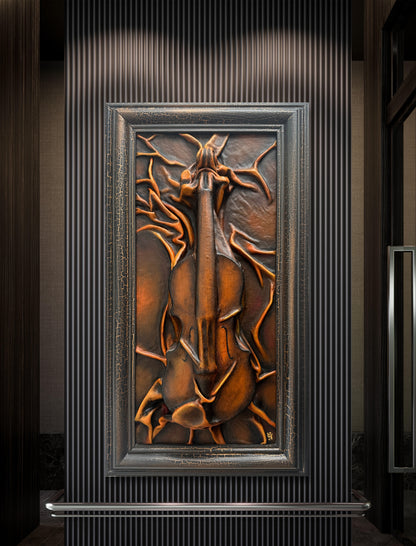 Handcrafted leather art with sepia and gold tones