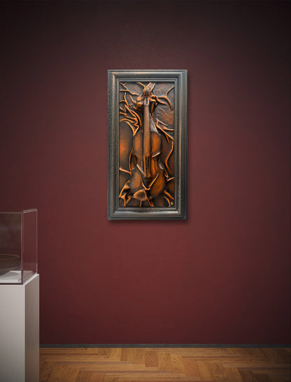 Violin themed leather sculpture framed in crackled gold