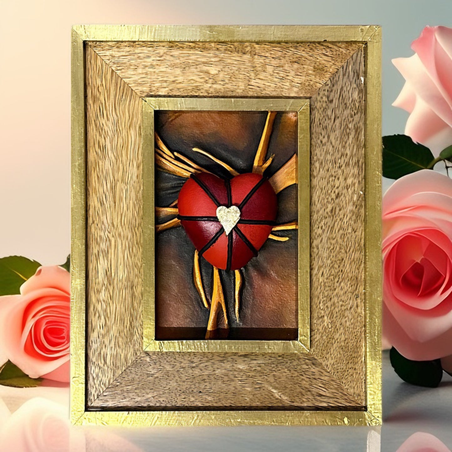 Passionate leather heart sculpture with intricate acrylic painting, set in a high-quality wooden frame with gold leaf.