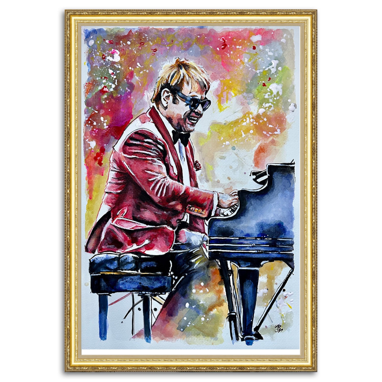 "Rocket Man" Elton John at a grand piano, captured in a watercolour, acrylic, and ink artwork.