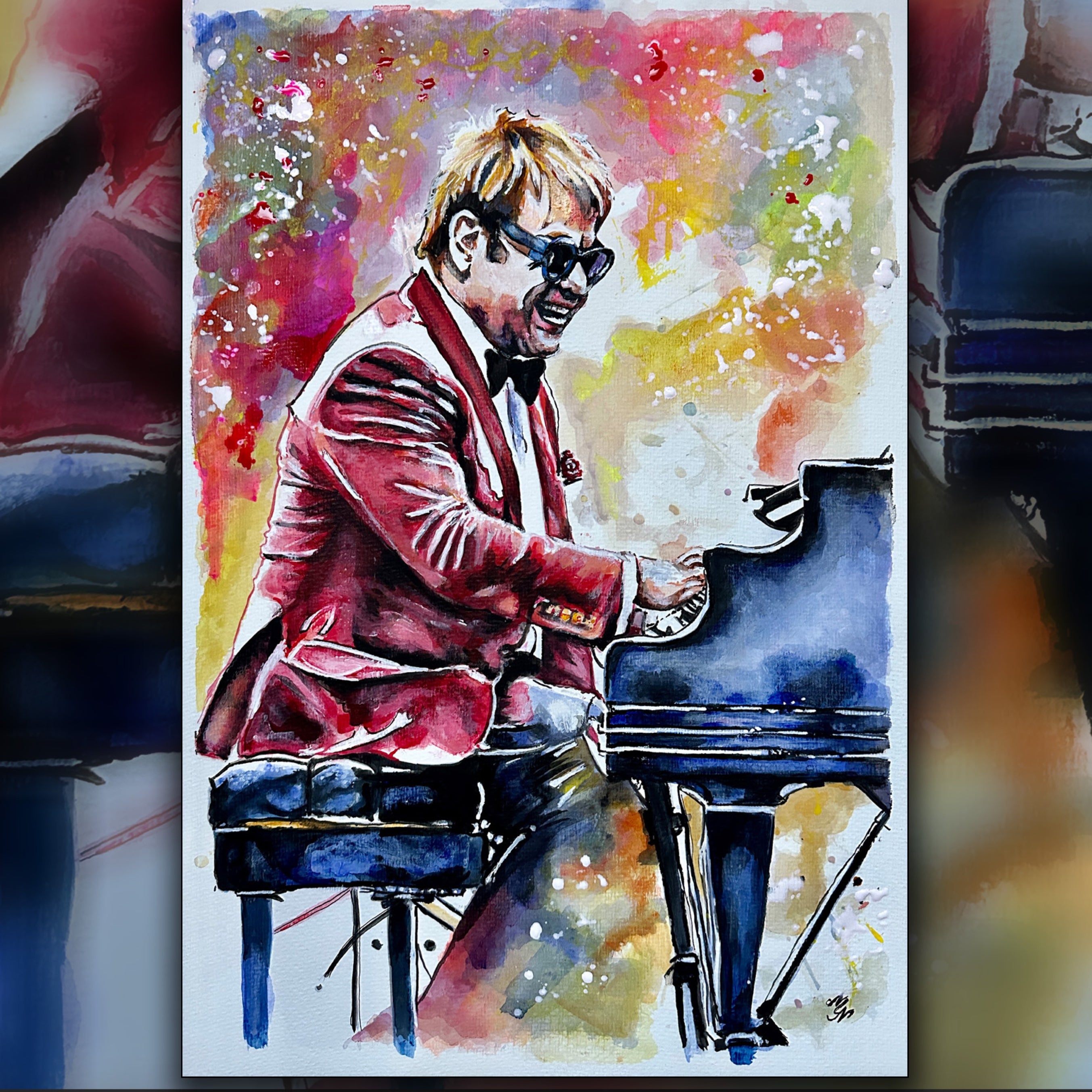 Elton John in a warm, golden glow, playing the piano, an image filled with musical brilliance.