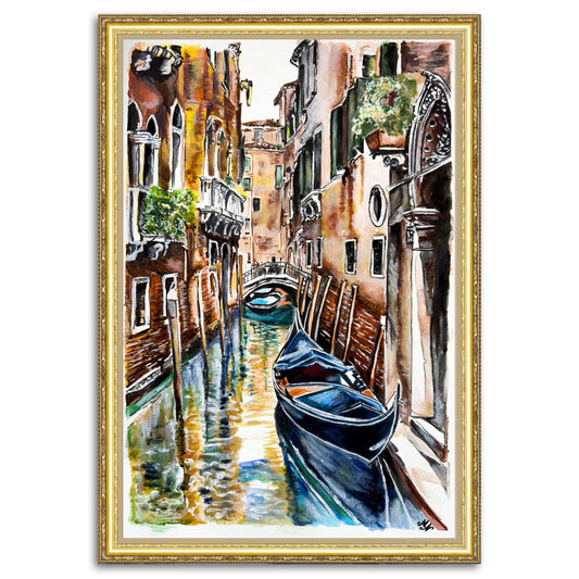Serene scene of a gondola gliding through sun-kissed Venetian waters