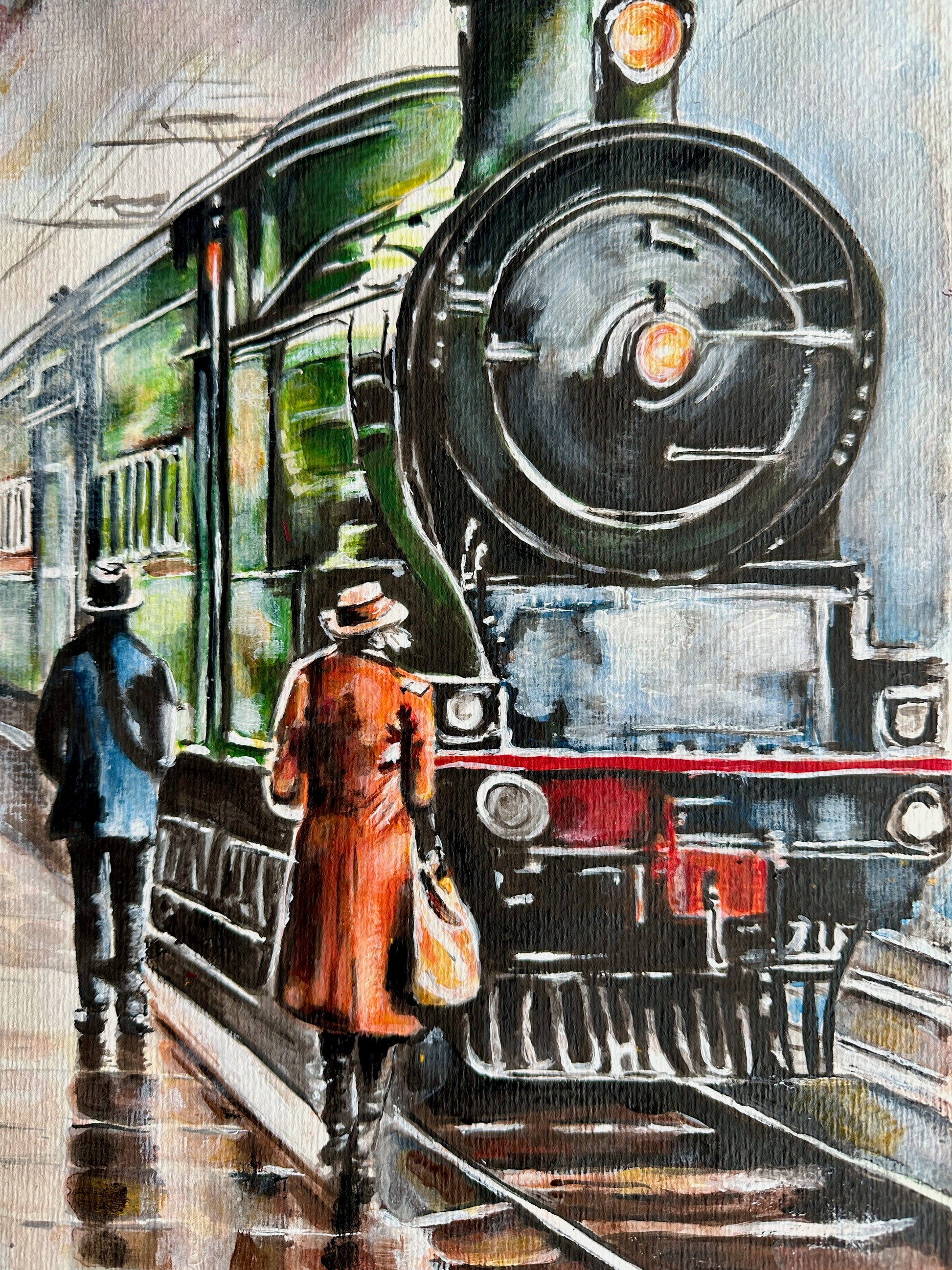 Step into the past with "Age of Steam," where the artist's masterful use of watercolour, acrylic paints, and ink brings the scene to life.