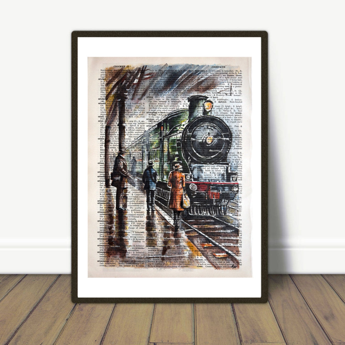 "Age of Steam" captures a misty train station scene on an upcycled vintage English dictionary page by Misty Lady.