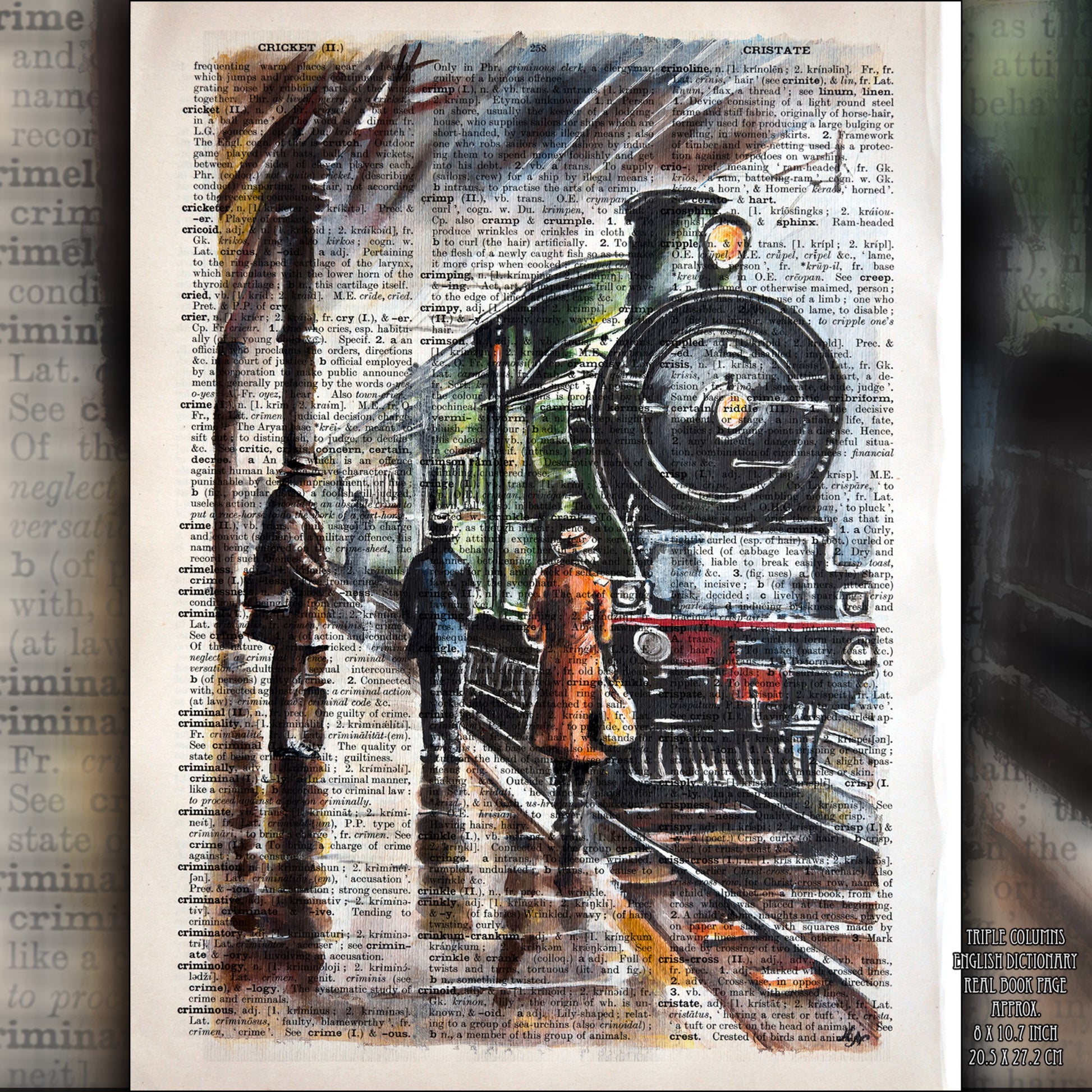 Digital art "Age of Steam" by Misty Lady, featuring a steam train and diverse people at a station on a vintage dictionary page.