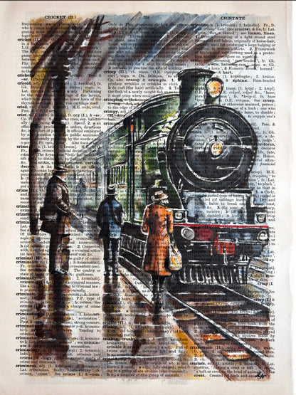 Misty Lady's "Age of Steam" portrays a melancholic train station scene with a steam train on a vintage dictionary page.