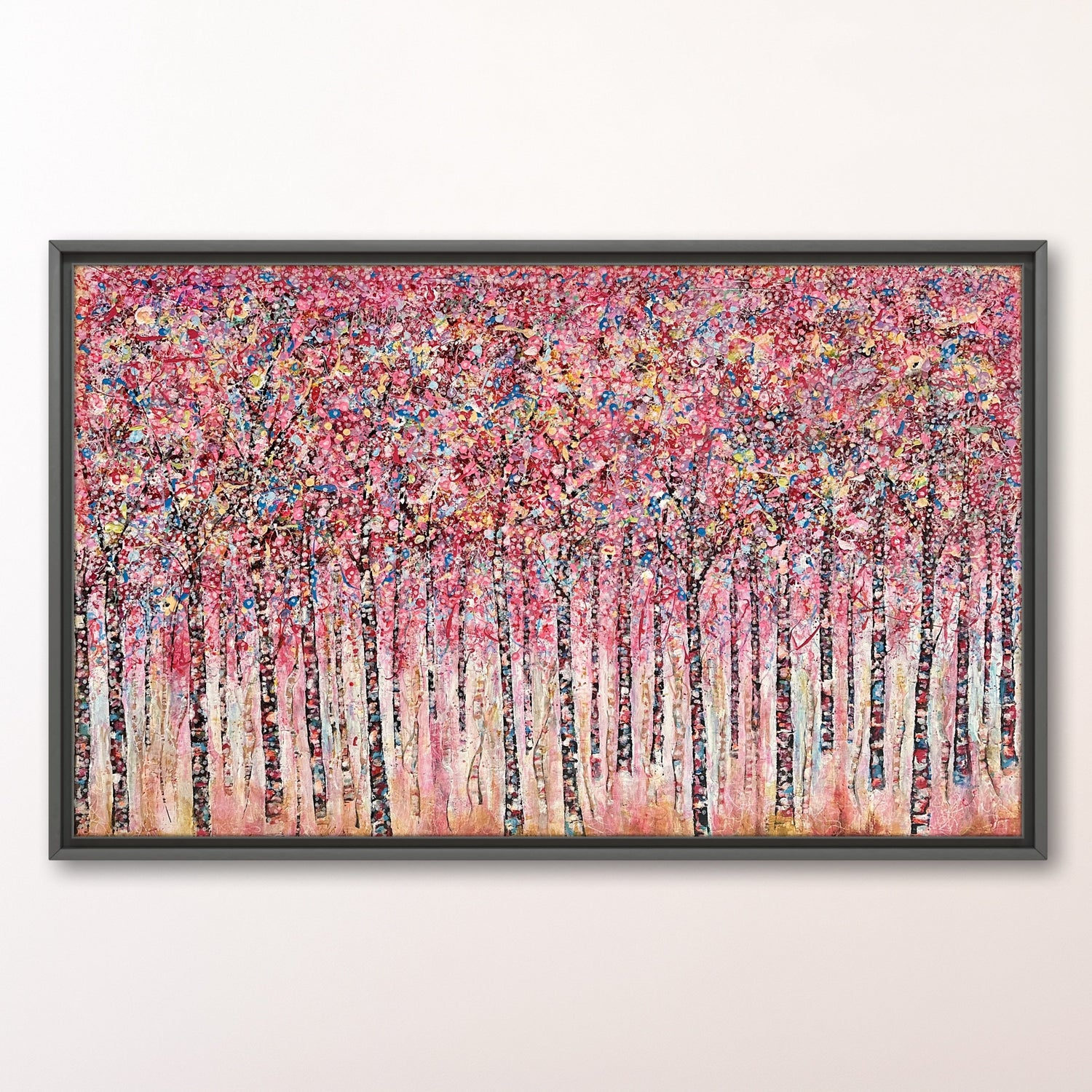 "Fantasy Forest" abstract painting with vivid colors and textured surfaces, inspired by Jackson Pollock.