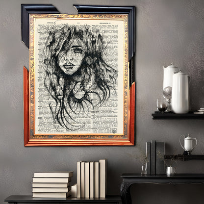 Hand-drawn black ink portrait of a woman on upcycled vintage paper with a touch of romantic melancholy.