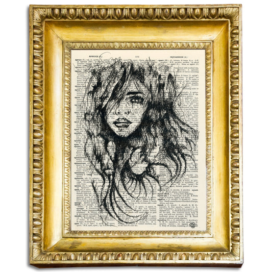 Melancholy artwork featuring a romantic woman's portrait in black ink on a vintage dictionary page.