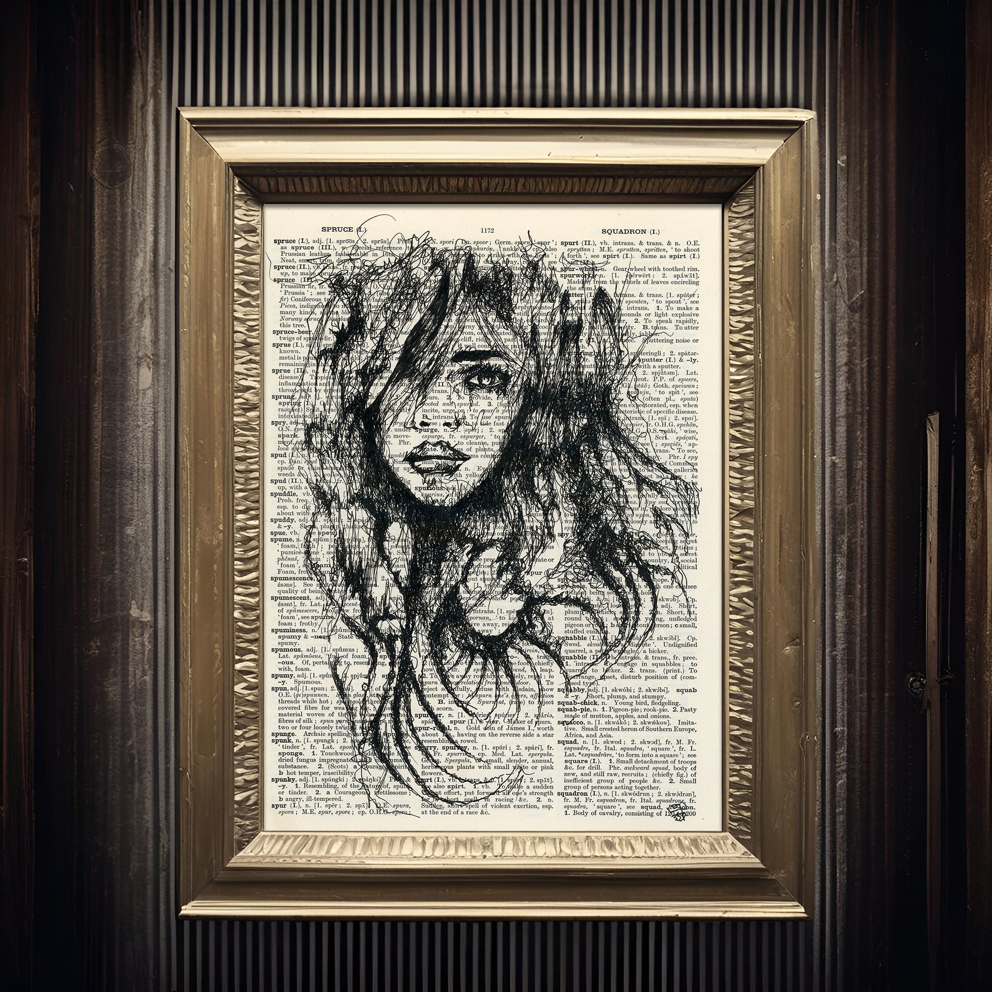 Romantic black ink drawing of a woman on a vintage dictionary page, blending whimsy and history.