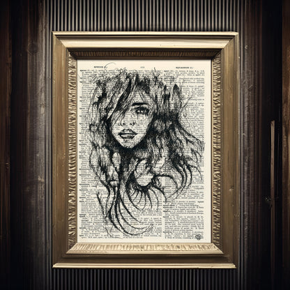 Romantic black ink drawing of a woman on a vintage dictionary page, blending whimsy and history.