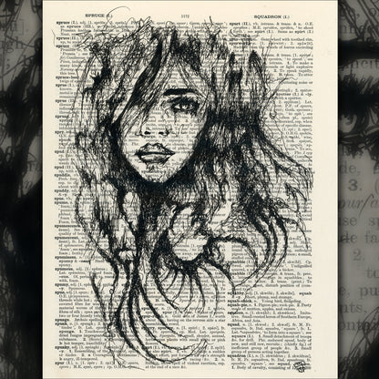 Ink marker drawing of a woman on an upcycled 1930s dictionary page, blending art and history.