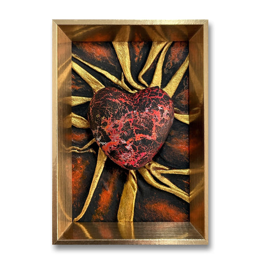 Introducing the captivating leather sculpture Lovers Heart - Lava Flow, a unique piece in red, black, and gold.
