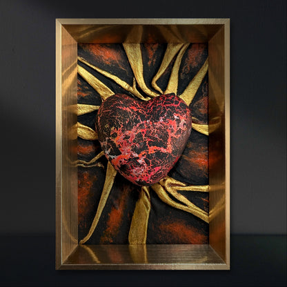 This upcycled leather sculpture, Lovers Heart - Lava Flow, tells a story of affection and connection.
