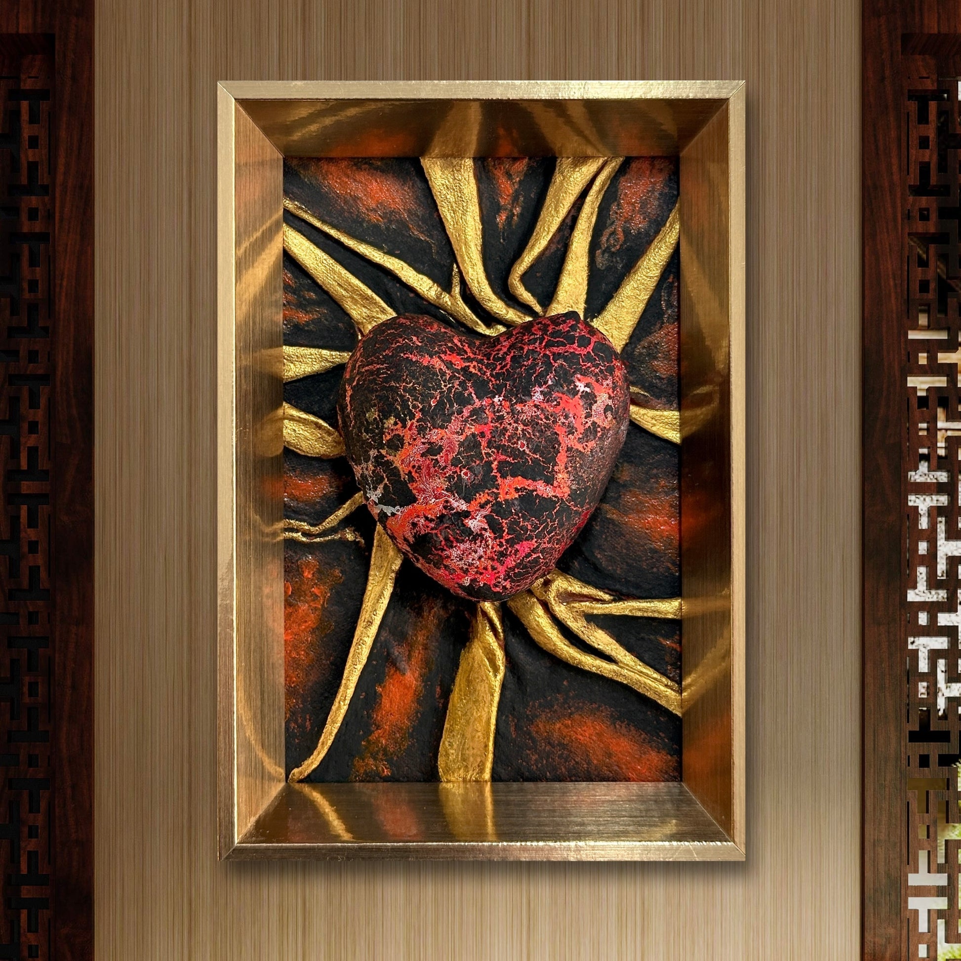 The Lovers Heart - Lava Flow sculpture embodies eco-consciousness, crafted from discarded leather with vibrant colors.
