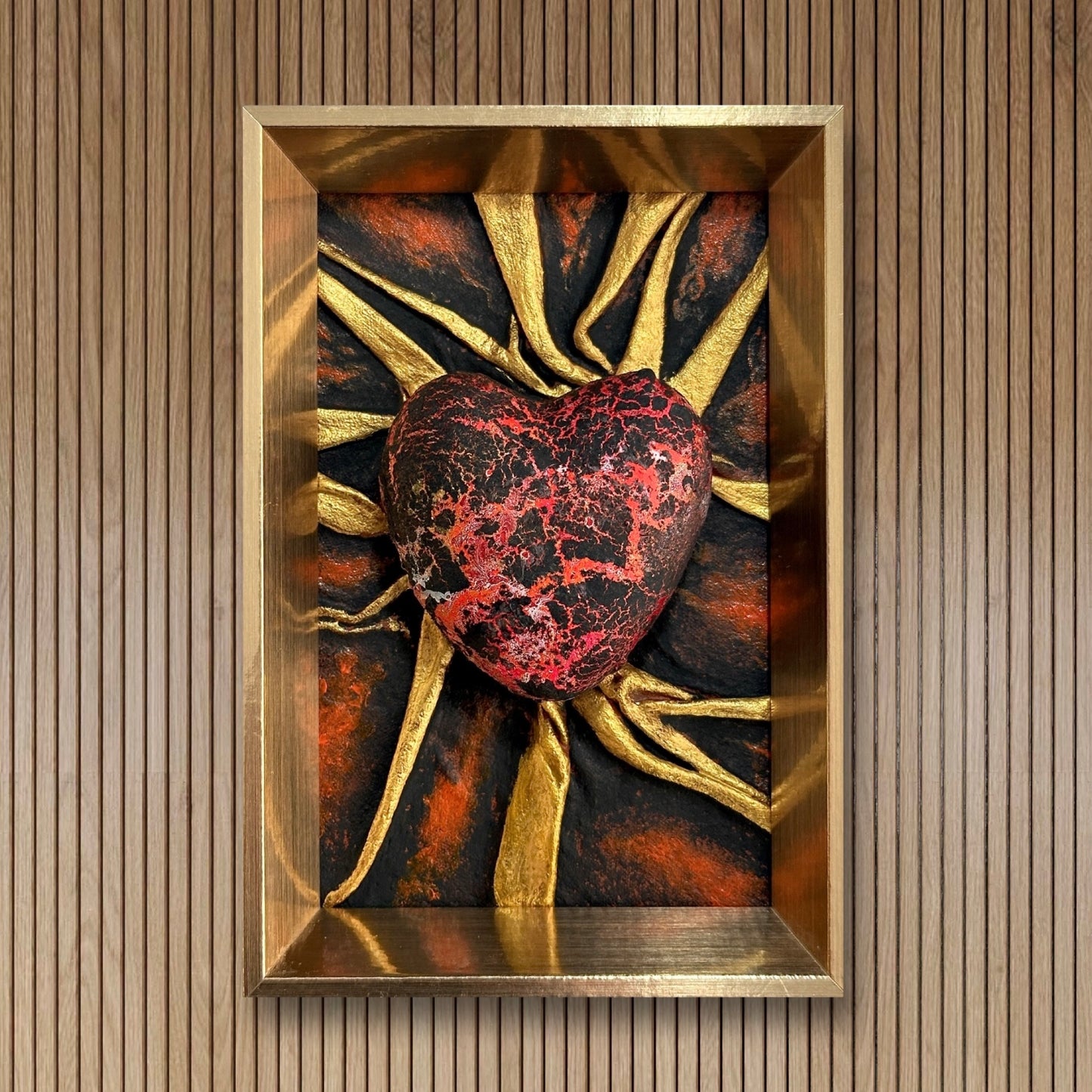 Lovers Heart - Lava Flow, a modern leather artwork in bold red, black, and gold, is perfect for adding passion to your decor.