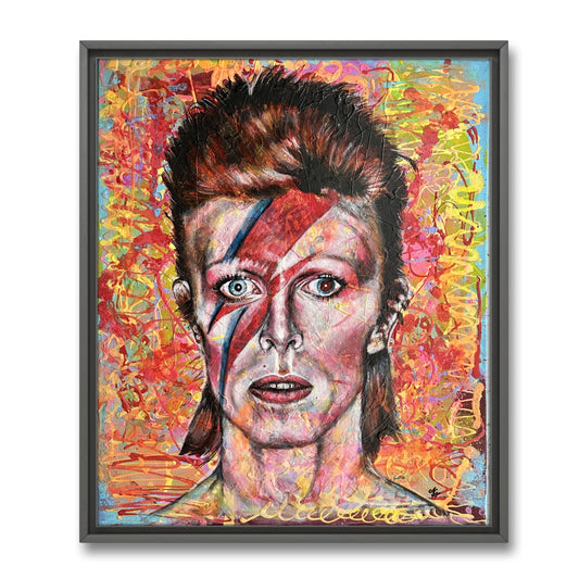 Vibrant pop art portrait of David Bowie as Ziggy Stardust on canvas with neon colors and abstract splashes.