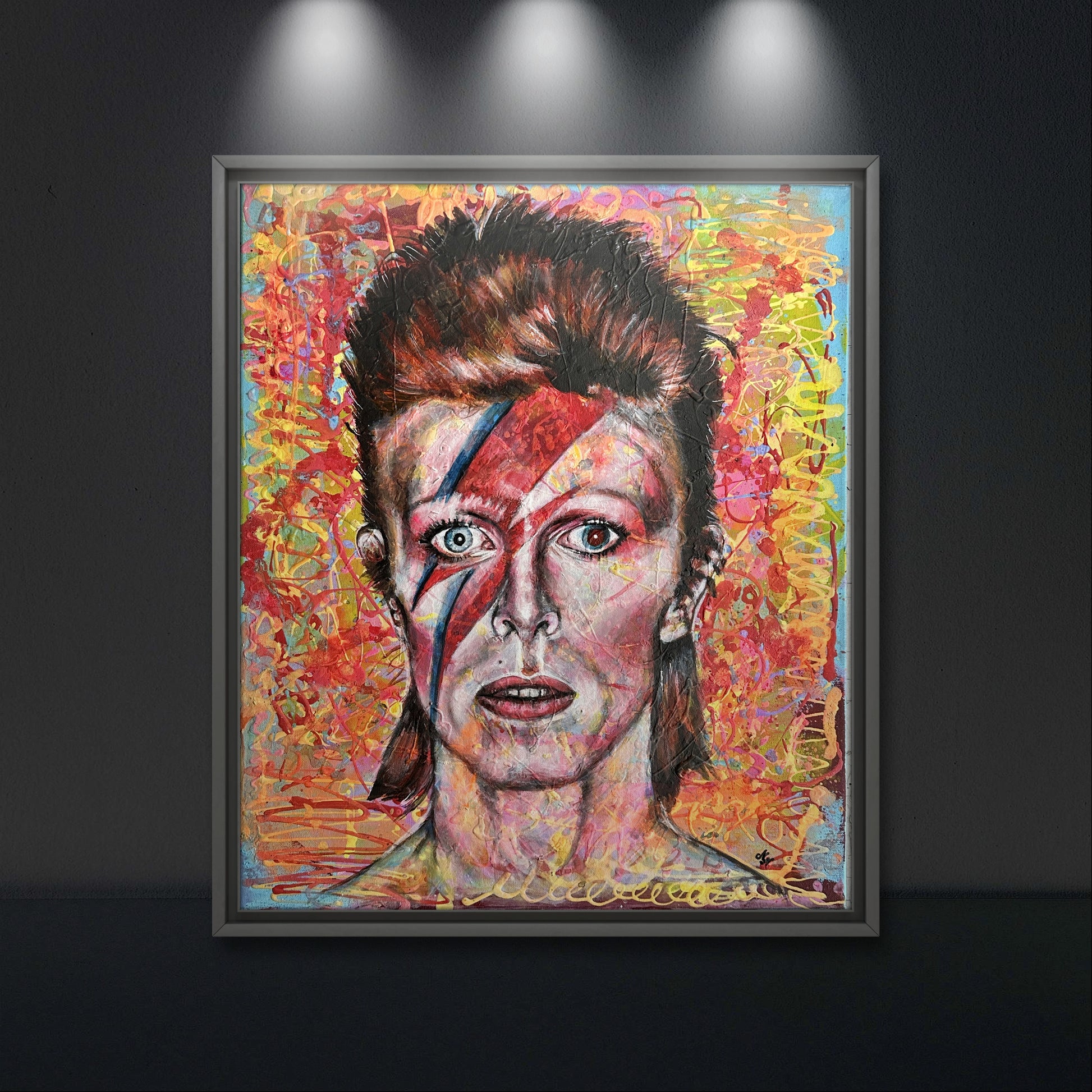 Bold and colorful David Bowie Ziggy Stardust pop art painting, unframed and ready to hang on canvas.