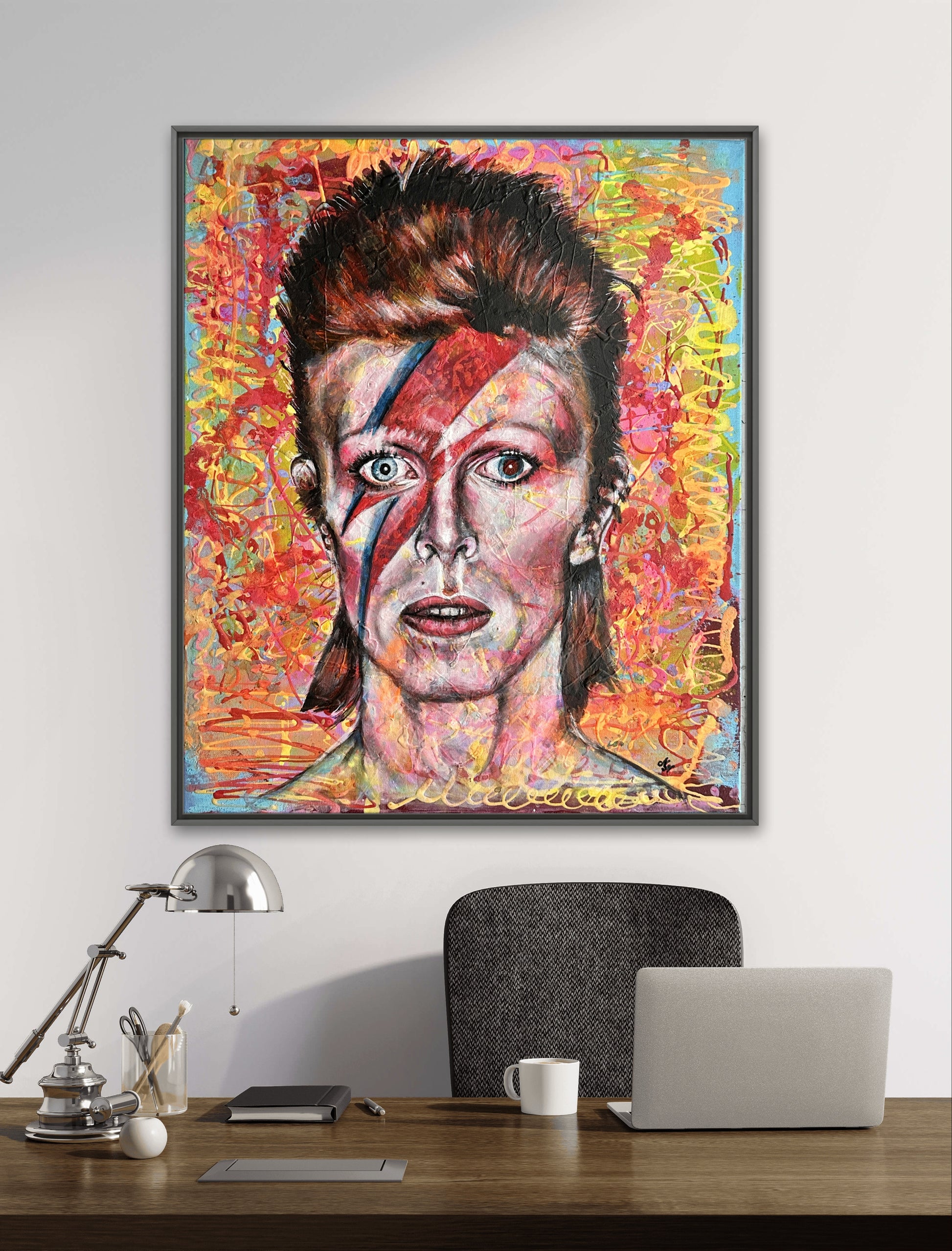 Pop art style David Bowie Ziggy Stardust portrait with neon accents and abstract background.