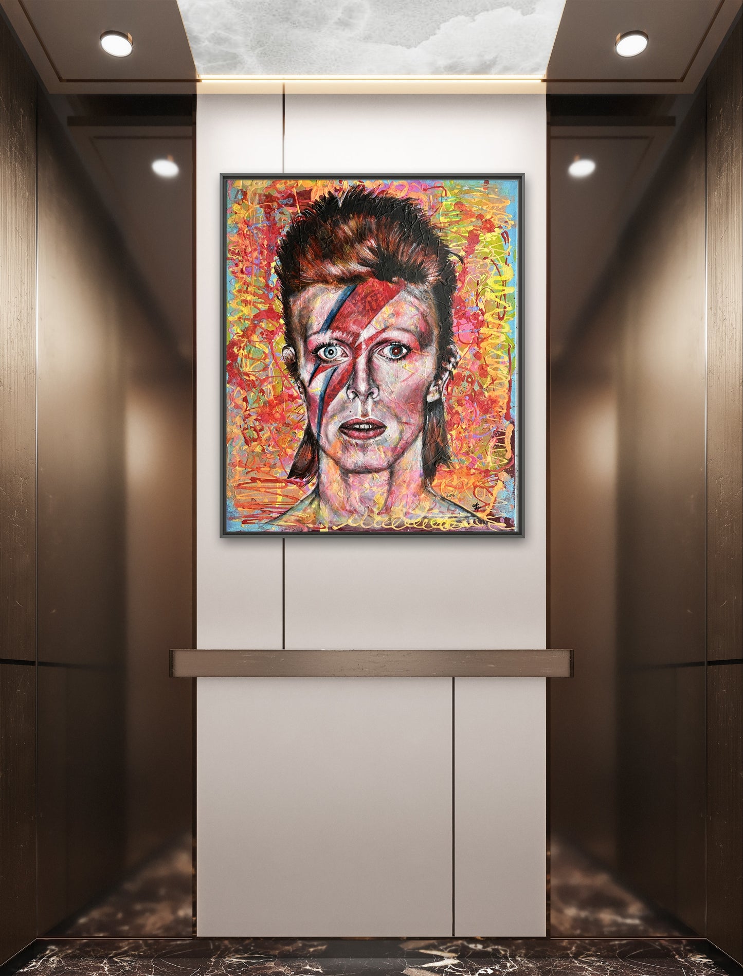 David Bowie Ziggy Stardust art on canvas with dynamic neon colors, ideal for home or office decor.