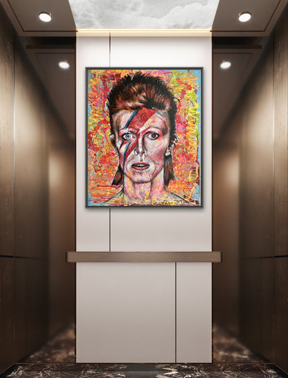 David Bowie Ziggy Stardust art on canvas with dynamic neon colors, ideal for home or office decor.