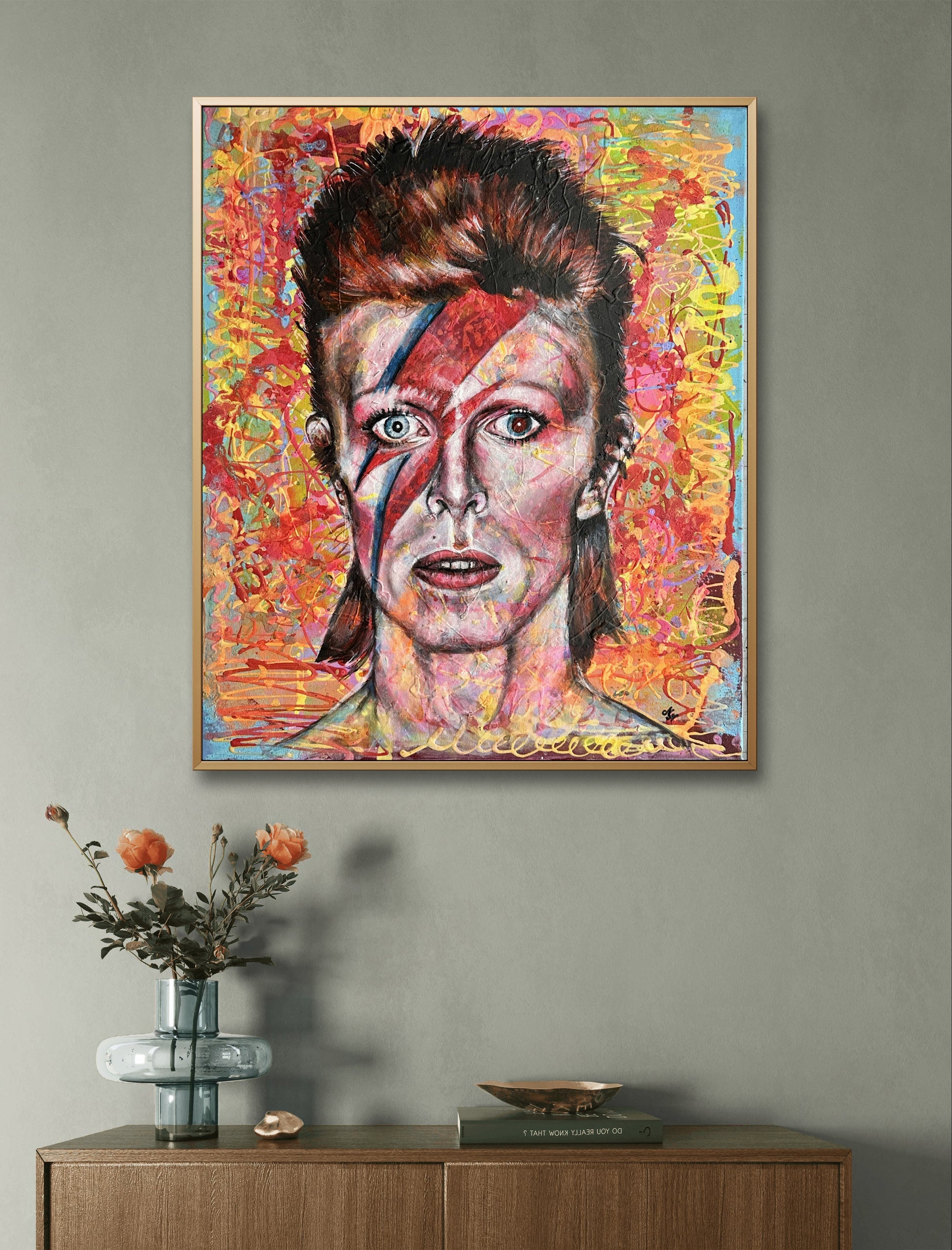 Ziggy Stardust pop art portrait by artist Misty Lady, featuring neon colors on a textured canvas.