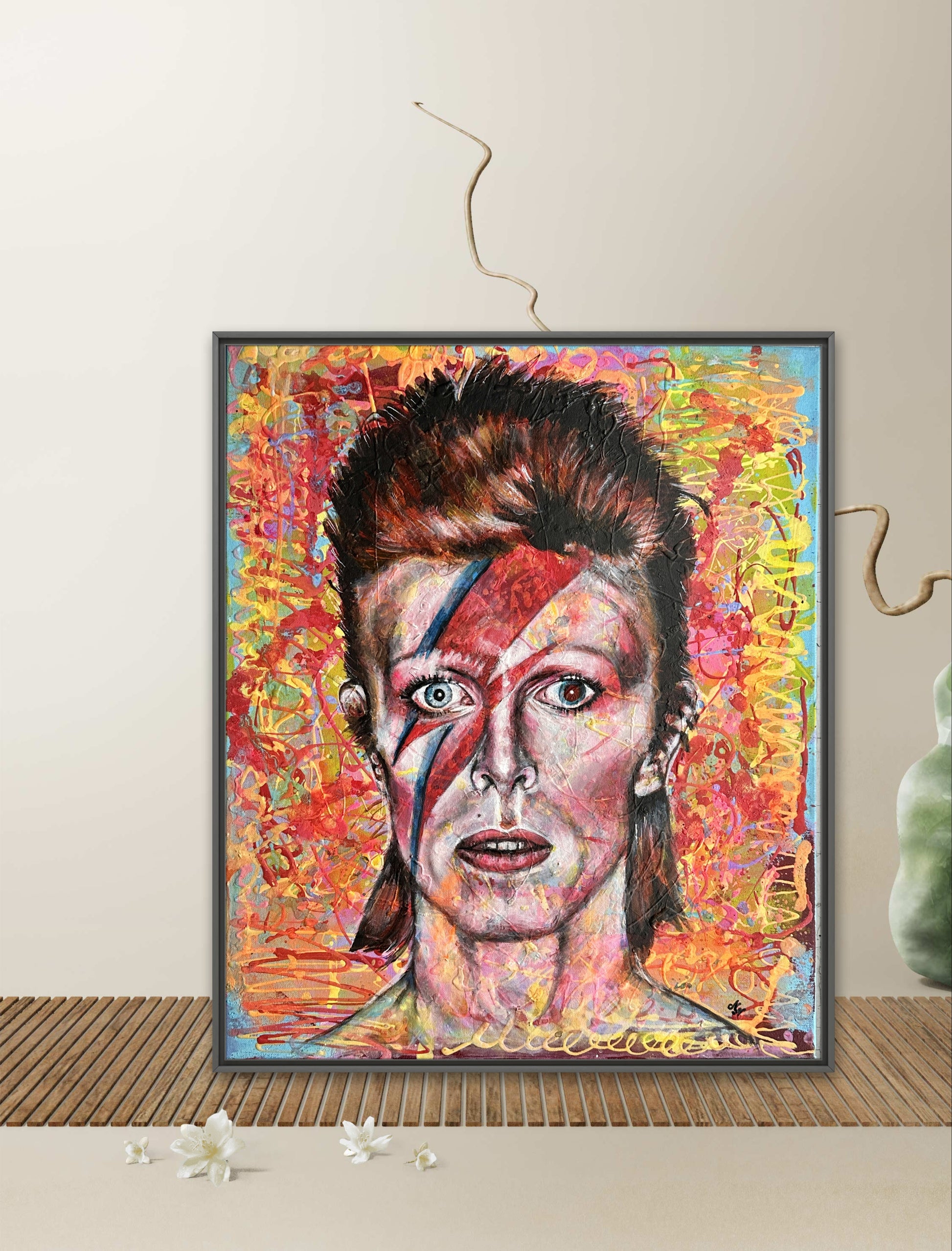 Striking David Bowie portrait in pop art style, capturing the Ziggy Stardust era with vibrant color splashes.