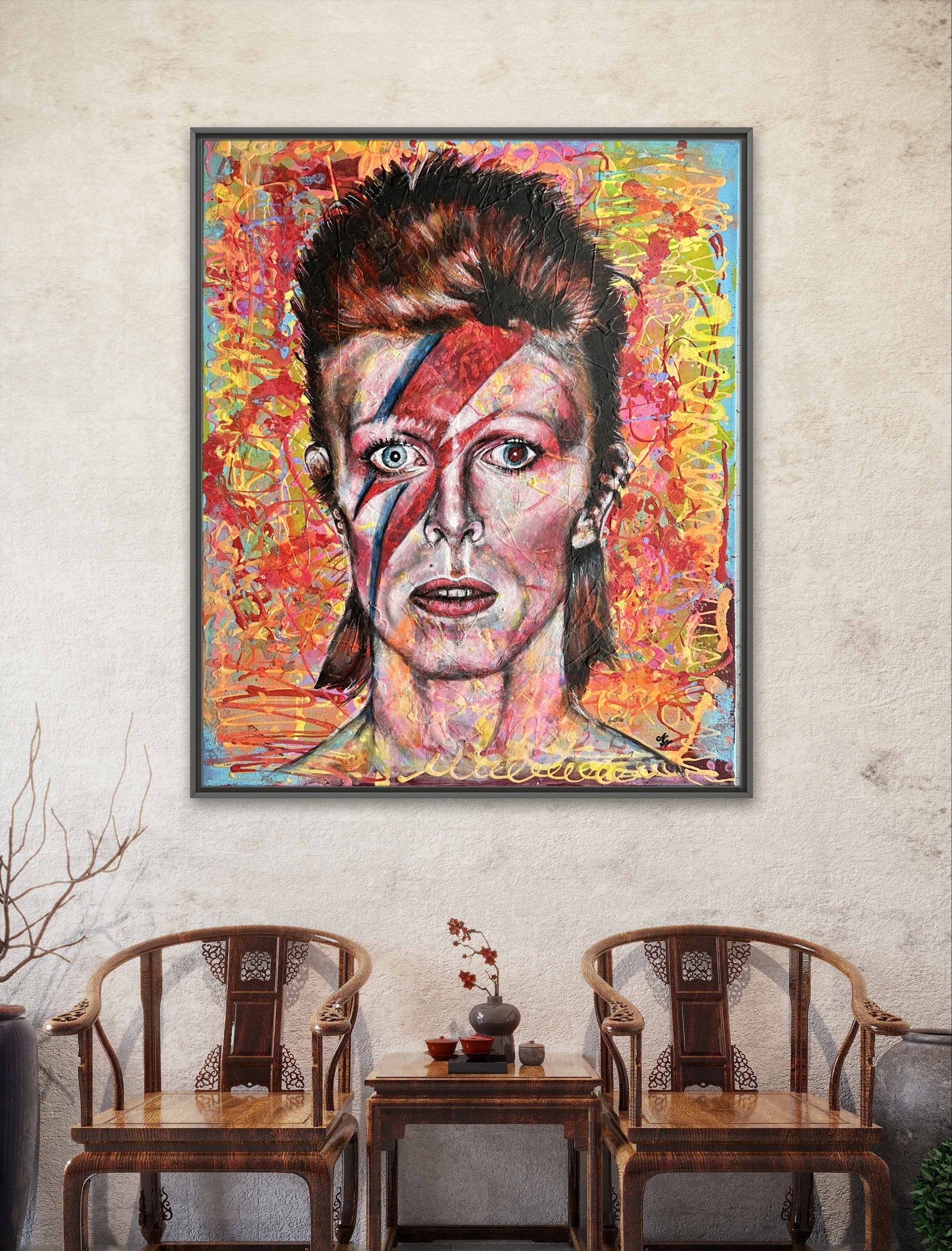 Unique pop art piece of David Bowie as Ziggy Stardust with abstract background and bright colors.