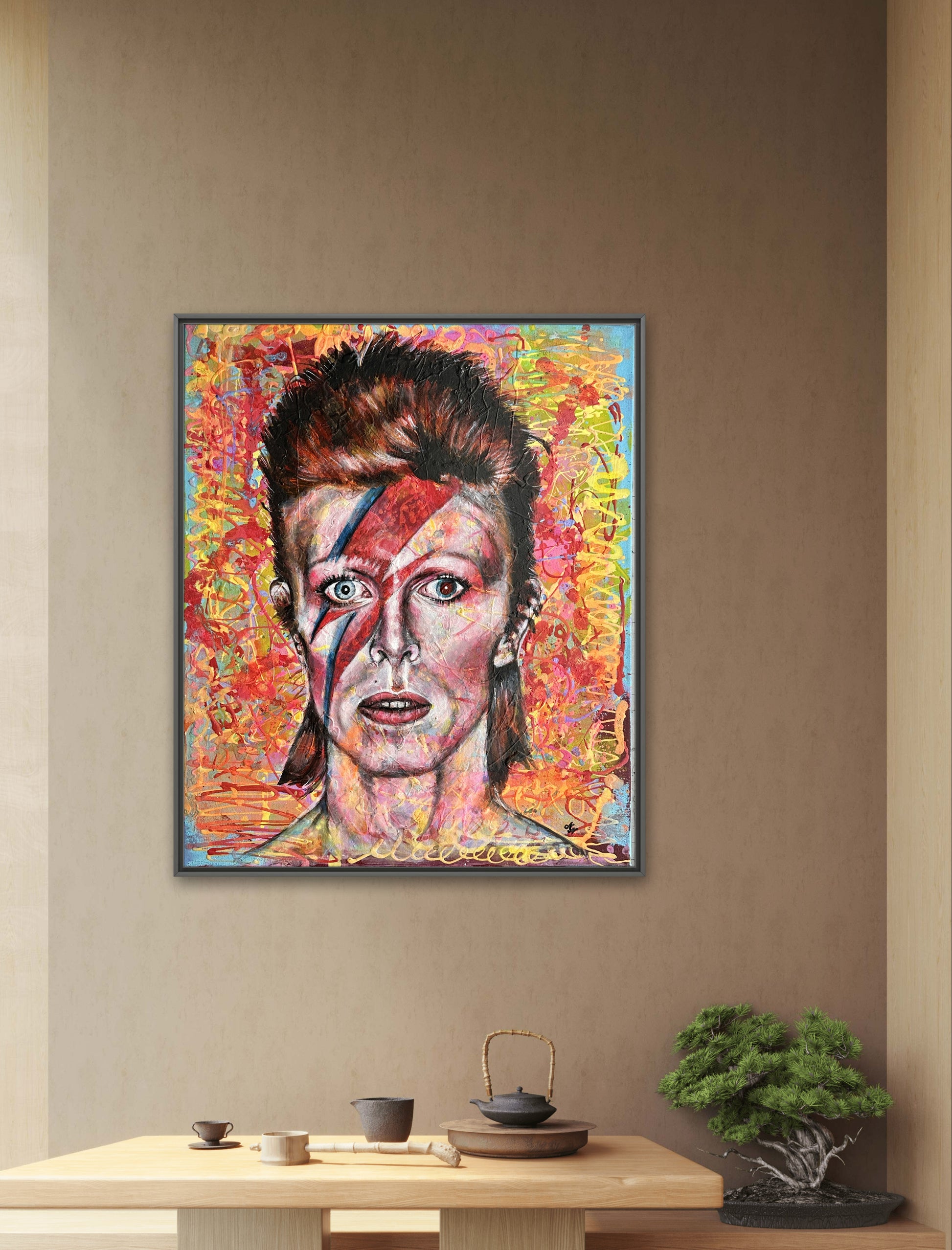 David Bowie Ziggy Stardust portrait with neon colors and artistic flair, perfect for contemporary decor.