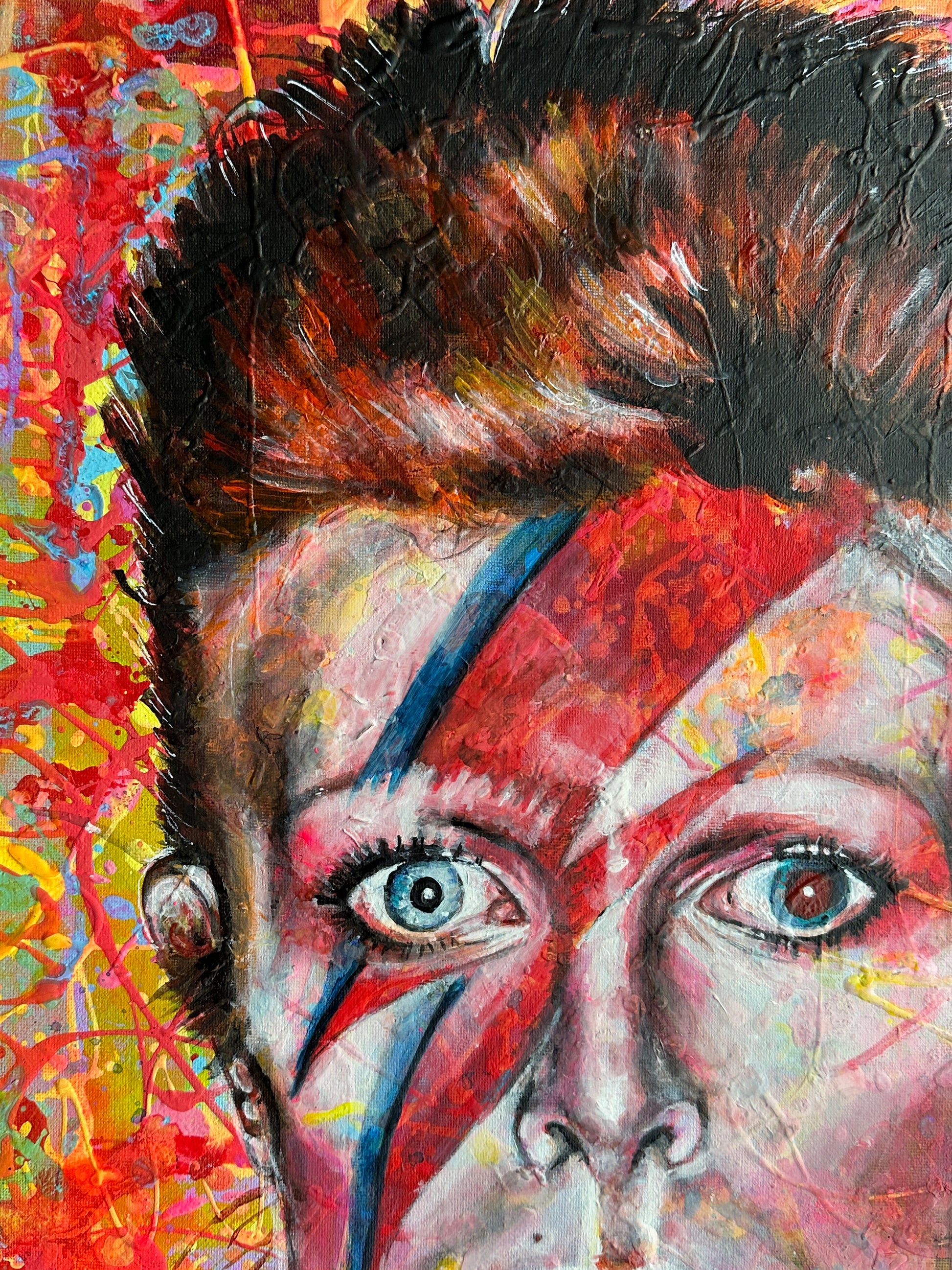 Acrylic on canvas pop art painting of David Bowie Ziggy Stardust, featuring abstract color contrasts.