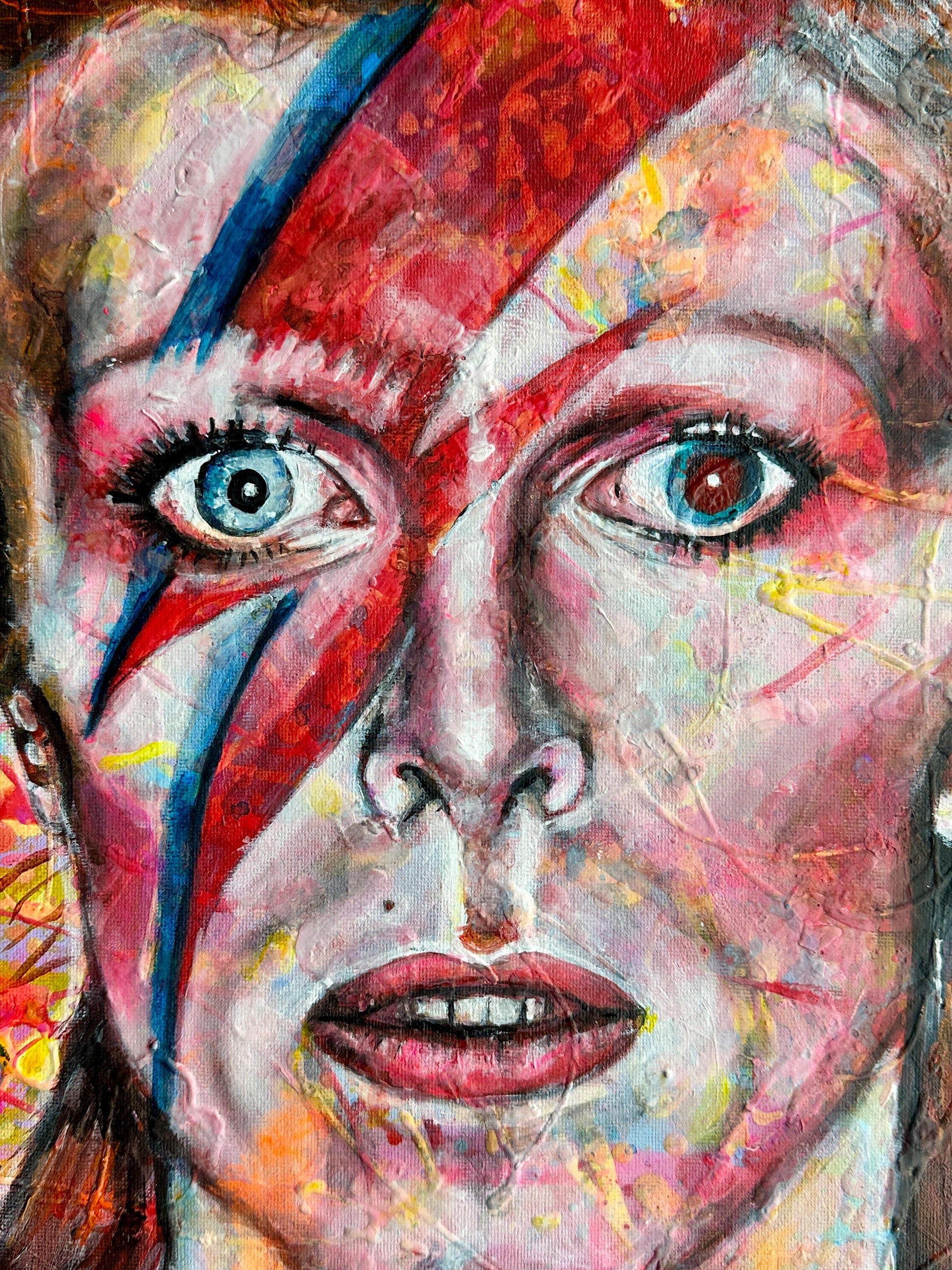 Limited edition David Bowie Ziggy Stardust portrait in pop art style with bold colors and signed authenticity.