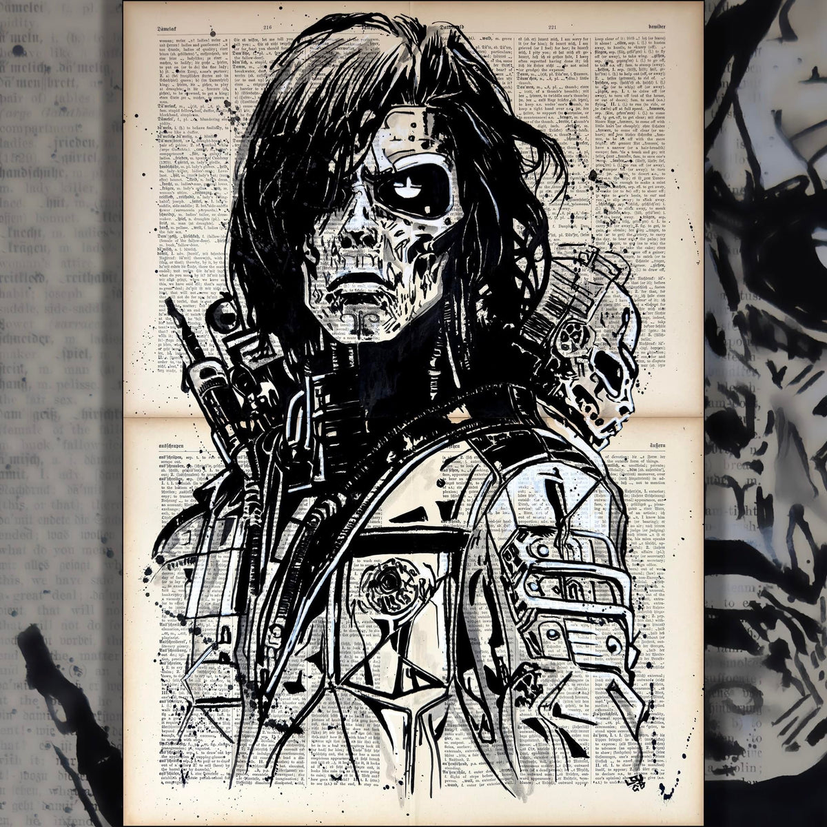 Cyborg mixed-media painting on antique dictionary pages by Jakub DK