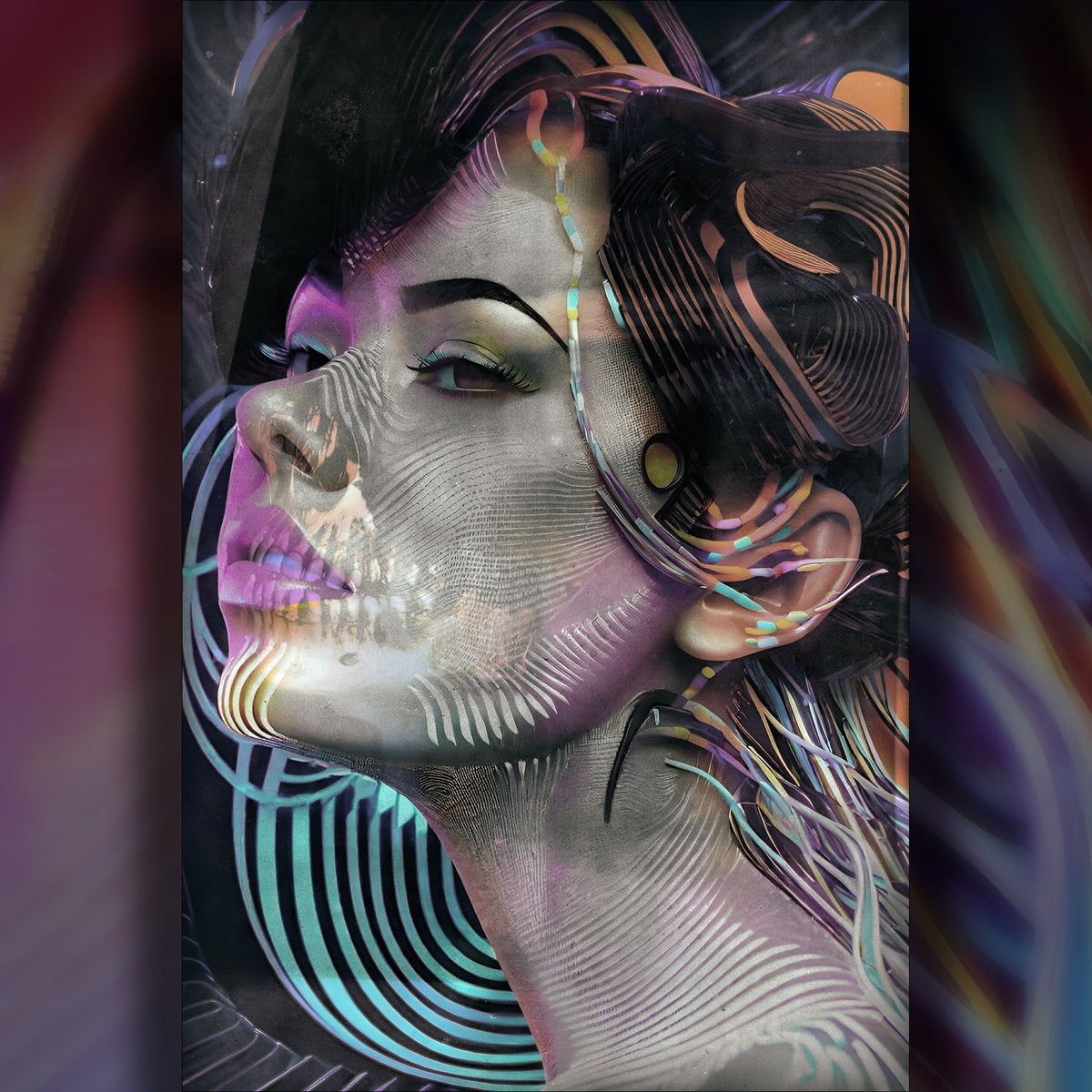 Radioisotope Vibrations surreal female portrait with geometric circles and vintage textures
