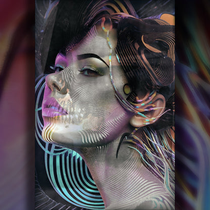 Radioisotope Vibrations surreal female portrait with geometric circles and vintage textures