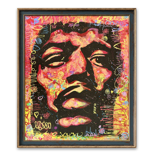 A vibrant pop art portrait of Jimi Hendrix against an abstract neon-colored background.